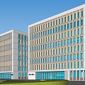 Modern Office Building Exterior With Glass Curtain Walls And Spacious Grounds