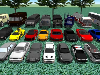 Various Types of Cars Including Sedans Sports Cars and Police Vehicles on Green Grass Field 3d model
