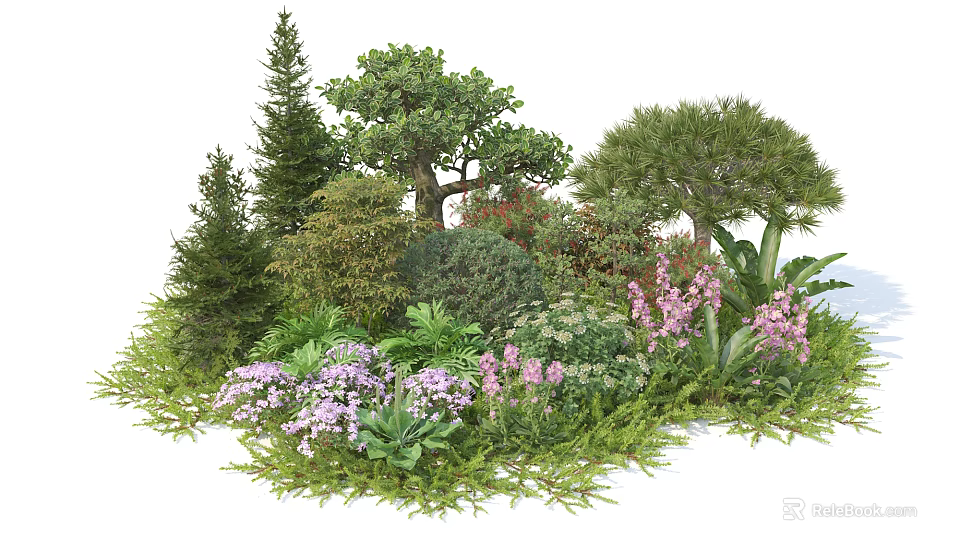 Lush Garden Shrubs With Pine Trees Colorful Flowers And Green Foliage 3d model 