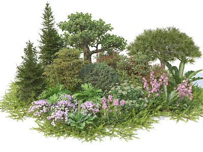 Lush Garden Shrubs With Pine Trees Colorful Flowers And Green Foliage 3d model