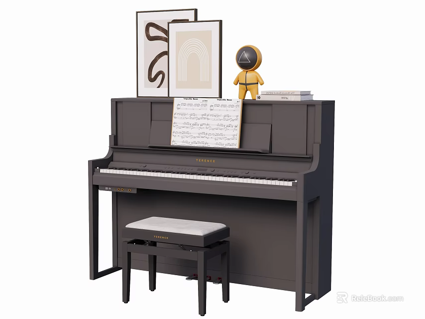 Classic Piano Interior With Sheet Music Framed Artworks And Wooden Stool 3d model 