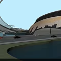 Modern Road Facilities With Curved Architectural Structures Vehicles Driving Near Water Pool And Reflections
