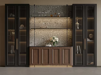 Elegant Wine Cabinet Design with Glass Doors Wooden Cabinet Decorative Wall and Vase with Flowers 3d model