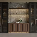 Elegant Wine Cabinet Design with Glass Doors Wooden Cabinet Decorative Wall and Vase with Flowers