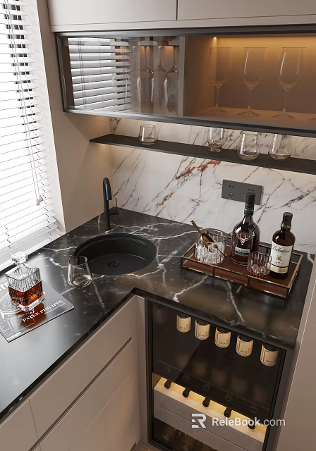 Elegant Wet Bar Sink with Black Countertop Marble Backsplash Wine Rack Bottles and Glasses 3d model 