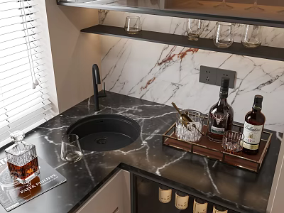 Elegant Wet Bar Sink with Black Countertop Marble Backsplash Wine Rack Bottles and Glasses 3d model