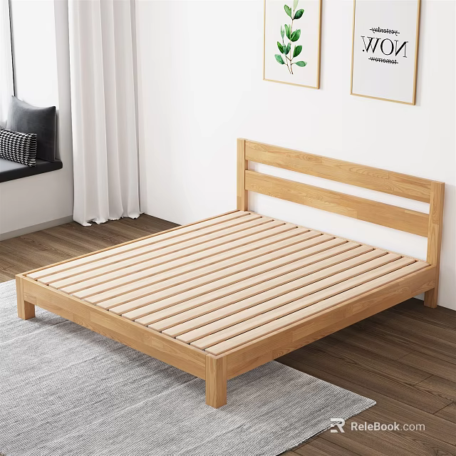 Minimalist Wooden Double Bed Frame with Striped Slats White Curtains and Wall Paintings 3d model 