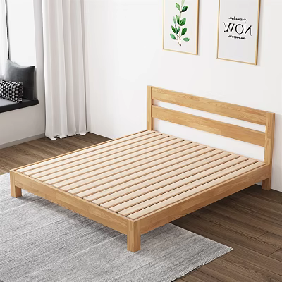 Minimalist Wooden Double Bed Frame with Striped Slats White Curtains and Wall Paintings 3d model