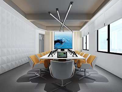 Modern Meeting Room Interior With White Geometric Walls Large Screen Conference Table And Yellow Chairs 3d model