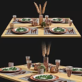 Elegant Dining Table Setup With Leaf Pattern Plates Copper Cutlery And Glass Cups