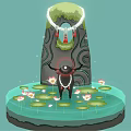 Black Deer With Antlers Wearing White Collar Standing On Water With Lotus Flowers