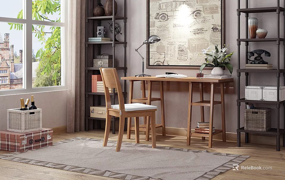 Wooden Desk with Chair Desk Lamp Vase Flowers Bookshelves Near Window Green View Rug 3d model 