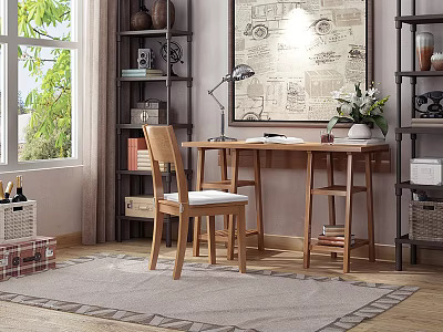 Wooden Desk with Chair Desk Lamp Vase Flowers Bookshelves Near Window Green View Rug 3d model