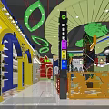 Indoor Kids Playground With Colorful Decorations Cartoon Elements Arched Doorways And Lighting