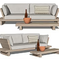 Light Colored Wooden Frame Sofa With Striped Cushions Coffee Table Orange Bowl And Brown Vase