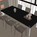Modern Black Marble Dining Table Set With Gray Chairs And Decorative Centerpieces 3d model