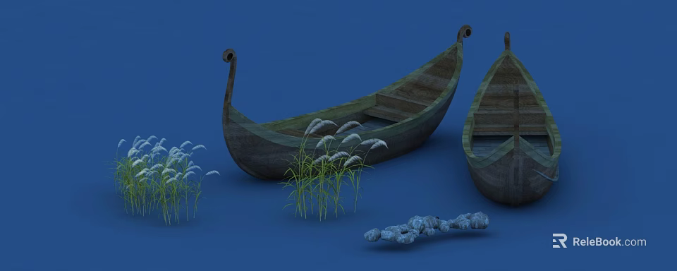 Traditional Wooden Boats on Blue Water Surrounded by Reeds and Stones 3d model 