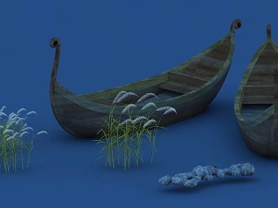 Traditional Wooden Boats on Blue Water Surrounded by Reeds and Stones 3d model