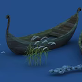 Traditional Wooden Boats on Blue Water Surrounded by Reeds and Stones