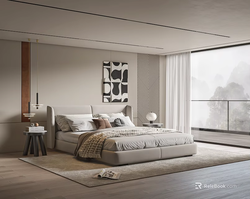Modern Bedroom Interior With Large Bed Abstract Painting And Floor to Ceiling Window 3d model 