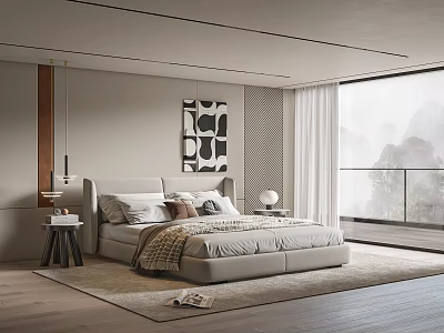 Modern Bedroom Interior With Large Bed Abstract Painting And Floor to Ceiling Window 3d model