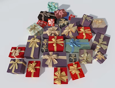 Vibrant Assorted Gift Boxes With Different Colors And Sizes And Golden Blue Bows 3d model