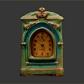 Vintage Colorful Mantel Clock Furniture With Green Yellow Frame And Ornate Top Decoration