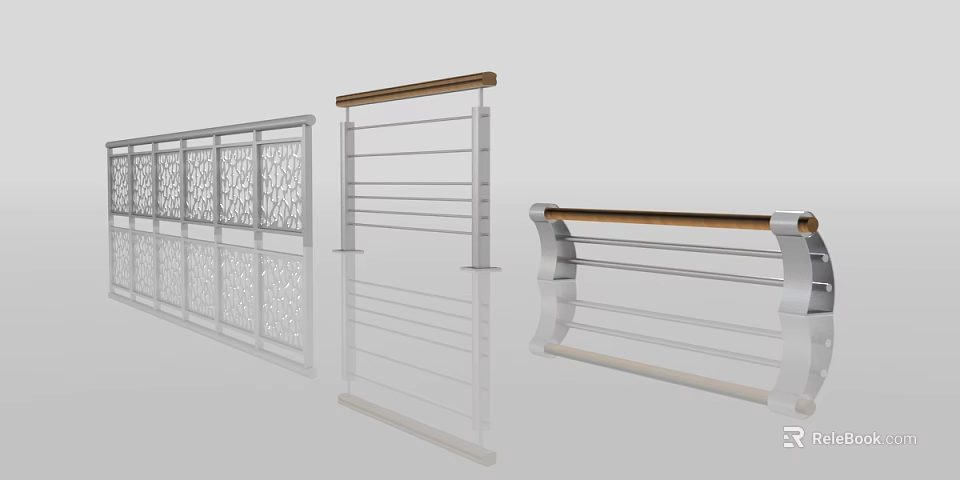 Various Modern Railing Designs Featuring Decorative Patterns Wooden Handrail And Metal Frames 3d model