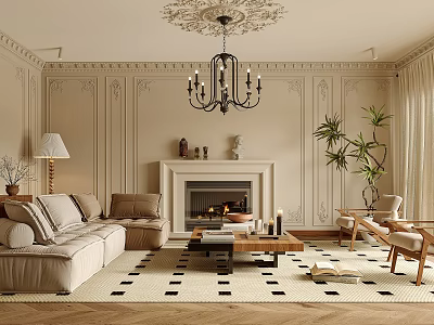 Classic Living Room Interior Design With Beige Sofa Fireplace Chandelier And Checkered Rug 3d model