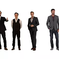 Four Men Standing in Suits Vests Blazers and Jeans with Different Poses
