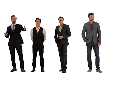Four Men Standing in Suits Vests Blazers and Jeans with Different Poses 3d model