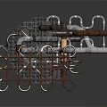 Abstract Metal Art Sculpture With Rusted Pipes Coils White Tubes And Round Base