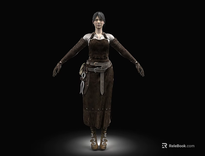 Woman Wearing Brown Long Dress Long Sleeves Decorative Belt and Brown Boots on Black Background 3d model 