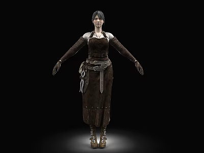 Woman Wearing Brown Long Dress Long Sleeves Decorative Belt and Brown Boots on Black Background 3d model