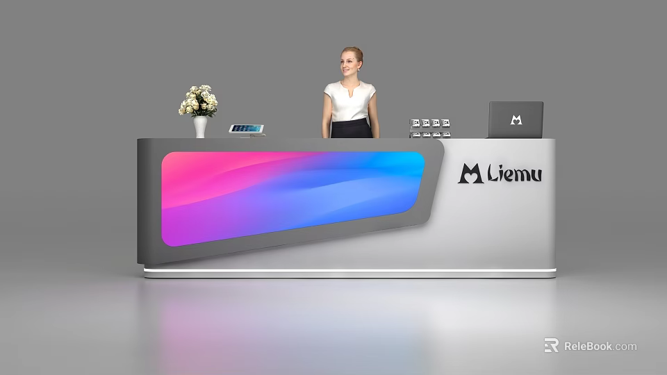 Modern Reception Desk With Colorful Gradient Panel Flower Vase Liemu Logo And Staff Standing 3d model 