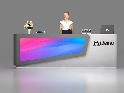 Modern Reception Desk With Colorful Gradient Panel Flower Vase Liemu Logo And Staff Standing 3d model