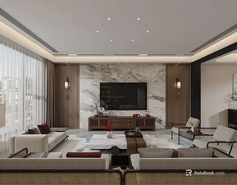 Modern Living Dining Room Interior Design Featuring Marble Accent Wall Sofa And Ceiling Lights 3d model
