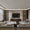 Modern Living Dining Room Interior Design Featuring Marble Accent Wall Sofa And Ceiling Lights 3d model