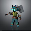 Cartoon Style Character With Green Vest Blue Pants Headphones Goggles And Large Hammer