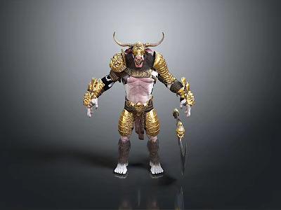 Minotaur Warrior Character 3D Model With Golden Armor And Dagger Weapon 3d model