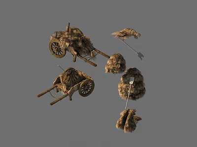 Ancient Wooden Hand Carts Straw Hats Woven Baskets And Tools 3d model