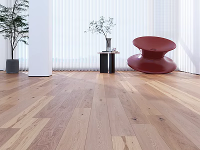 Modern Interior With Natural Oak Wood Flooring White Blinds Plants And Red Accent Chair 3d model