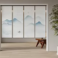 Chinese Landscape Pattern Curtain In Minimalist Interior With Bamboo Plant And Wooden Stool