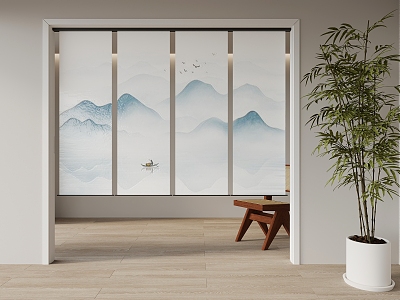 New Chinese Zen Style Rolling Curtain Tea Room Landscape Gauze Curtain Landscape Painting Gauze Curtain Ink Landscape Painting Gauze Curtain Tea Room Rolling Curtain 3d model