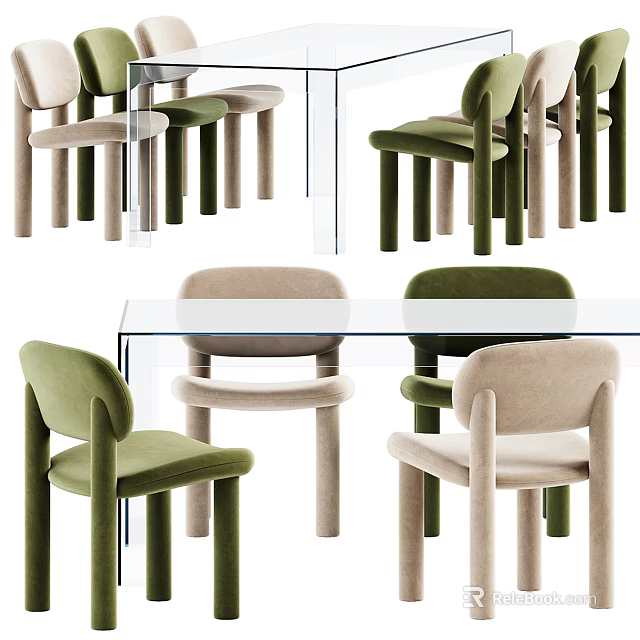 Modern Dining Table Set With Glass Top And Upholstered Chairs 3d model 