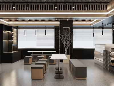 Modern Café Interior Design With Tables Chairs Windows Lighting And Decorative Plant 3d model