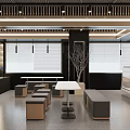 Modern Café Interior Design With Tables Chairs Windows Lighting And Decorative Plant