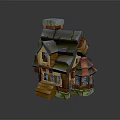 Colorful Cartoon Wooden House Scene With Sloped Roof Chimney And Porch Steps Windows