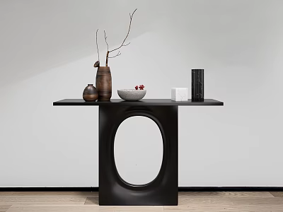 Modern Black Console Table With Circular Cutout Design And Decorative Items On Wooden Floor 3d model