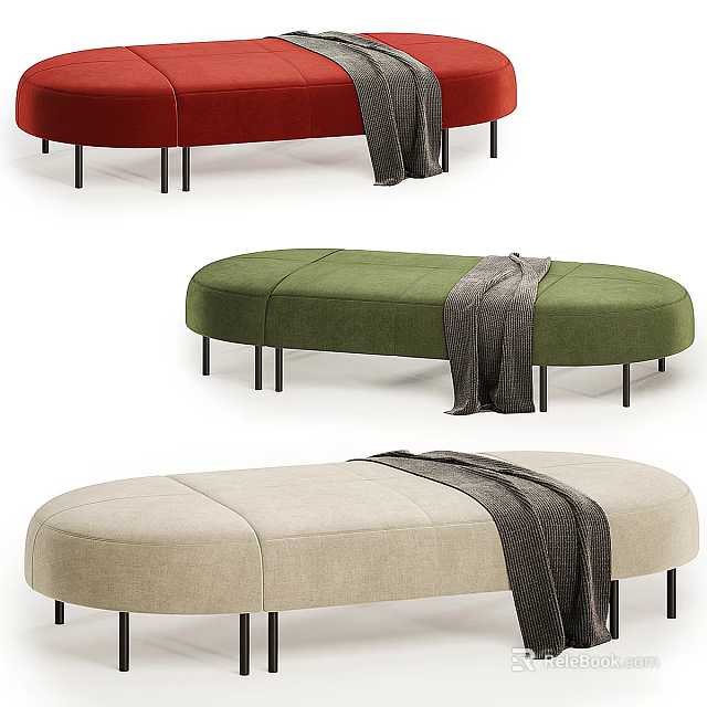 Upholstered Sofa Benches in Red Green Beige with Gray Blanket and Black Legs 3d model 